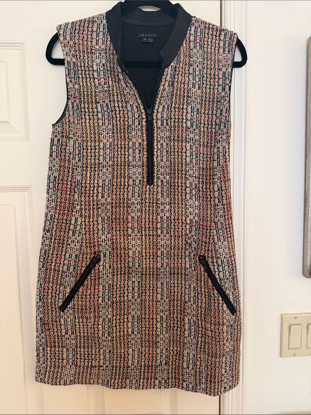 Theory Multicolor Tweed Sleeveless Shift Dress with Black Trim